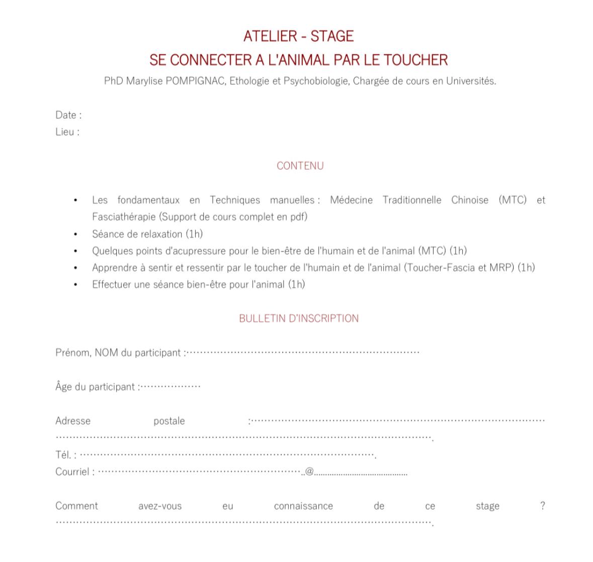 Atelier Se connecter à l'animal par le Toucher